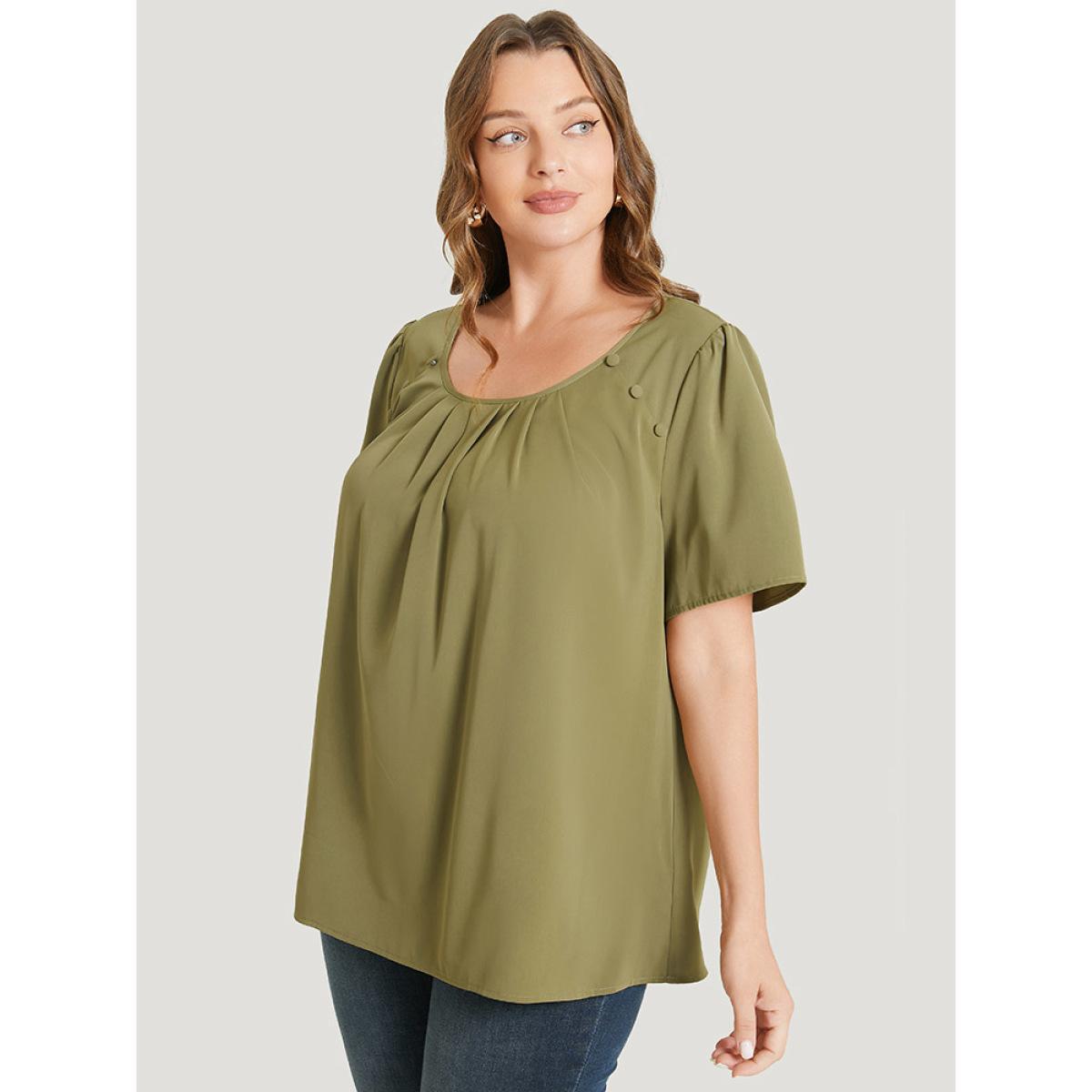 Plus Size SpringGreen Solid Pleated Button Detail Blouse Women Office Short sleeve Round Neck Work Blouses BloomChic 26/4X Product Image
