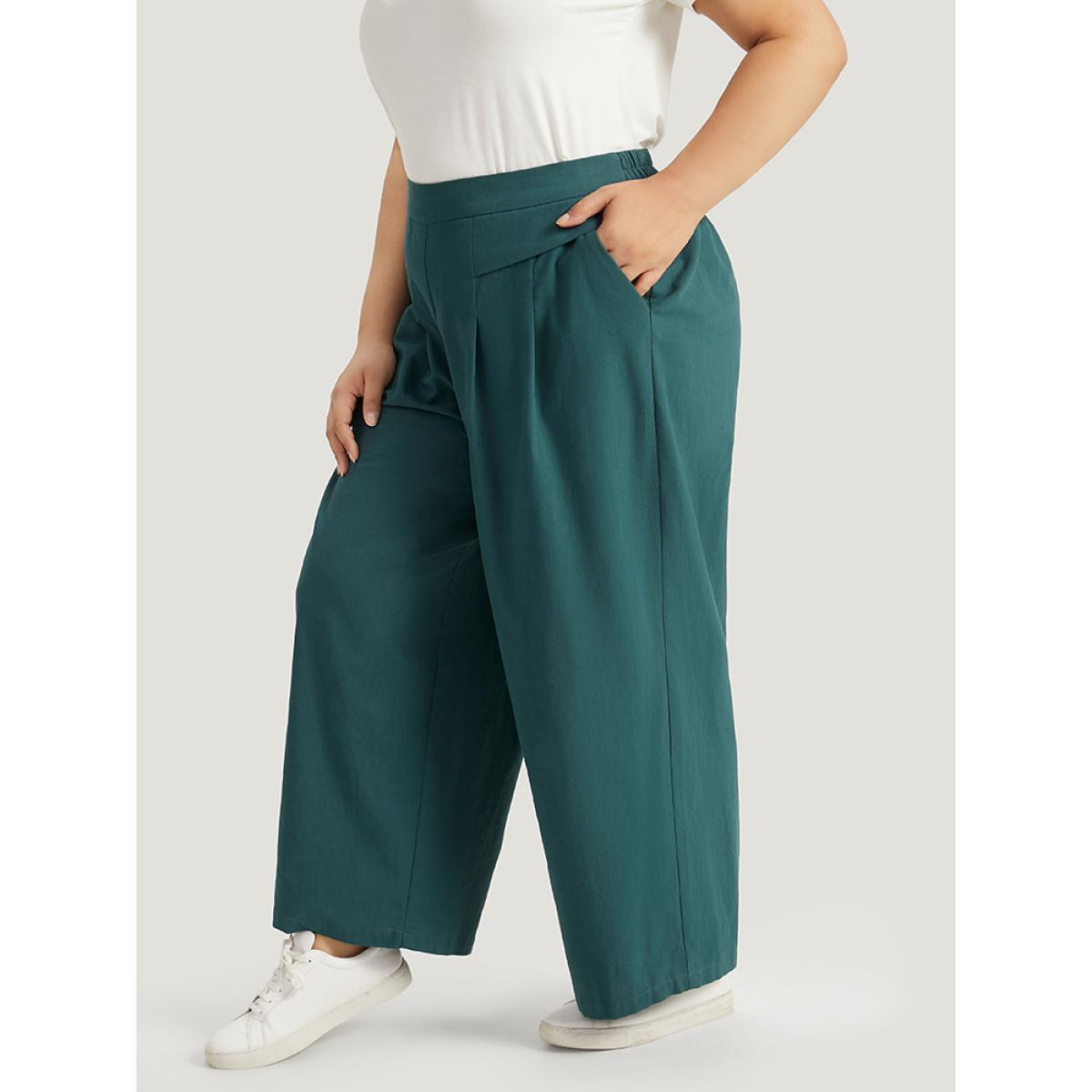 Plus Size Plain Pocket Elastic Waist Plicated Detail Pants Women Cyan Casual Straight Leg High Rise Everyday Pants BloomChic 12/L Product Image