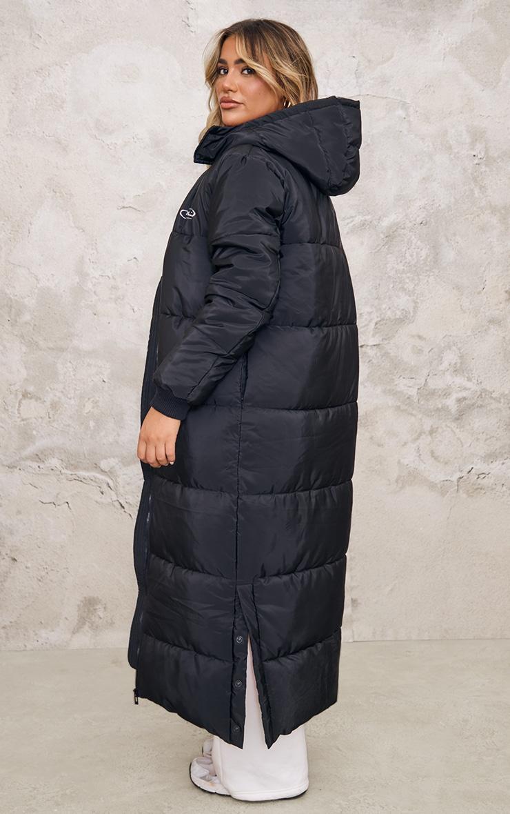PRETTYLITTLETHING Badge Black Ribbed Trim Maxi Coat Product Image