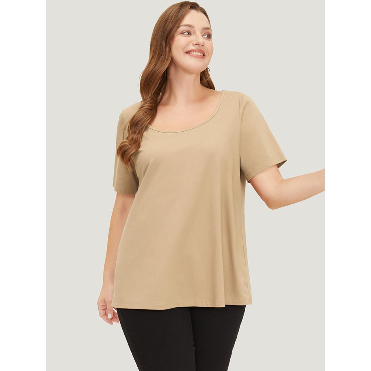 Plus Size UltraCool Solid Scoop Neck Slightly Stretchy T-shirt Tan Women Basics Plain Scoop Neck Dailywear T-shirts BloomChic 30/6X Product Image