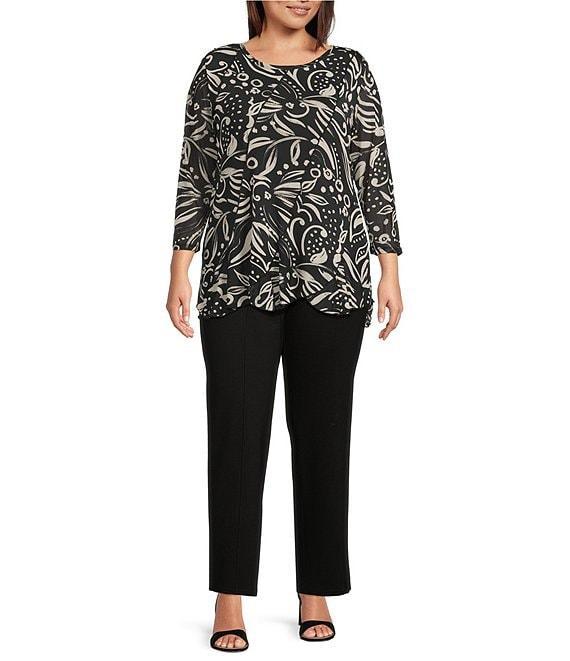 Slim Factor by Investments Plus Size Paisley Print Crew Neck Long Sleeve Ruffled Hem Lined Top Product Image