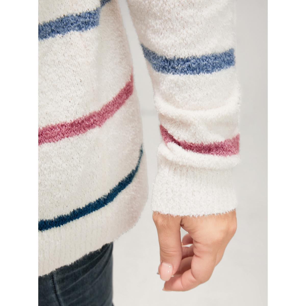 Plus Size Striped Contrast Super Soft Knit V Neck Fluffy Knit Top Ivory Women Elegant Loose Long Sleeve V-neck Dailywear Pullovers BloomChic 22-24/3X Product Image