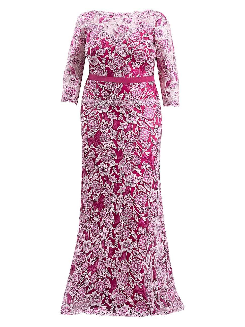 Womens Plus Three-Quarter-Sleeved Embroidered Lace Gown Product Image