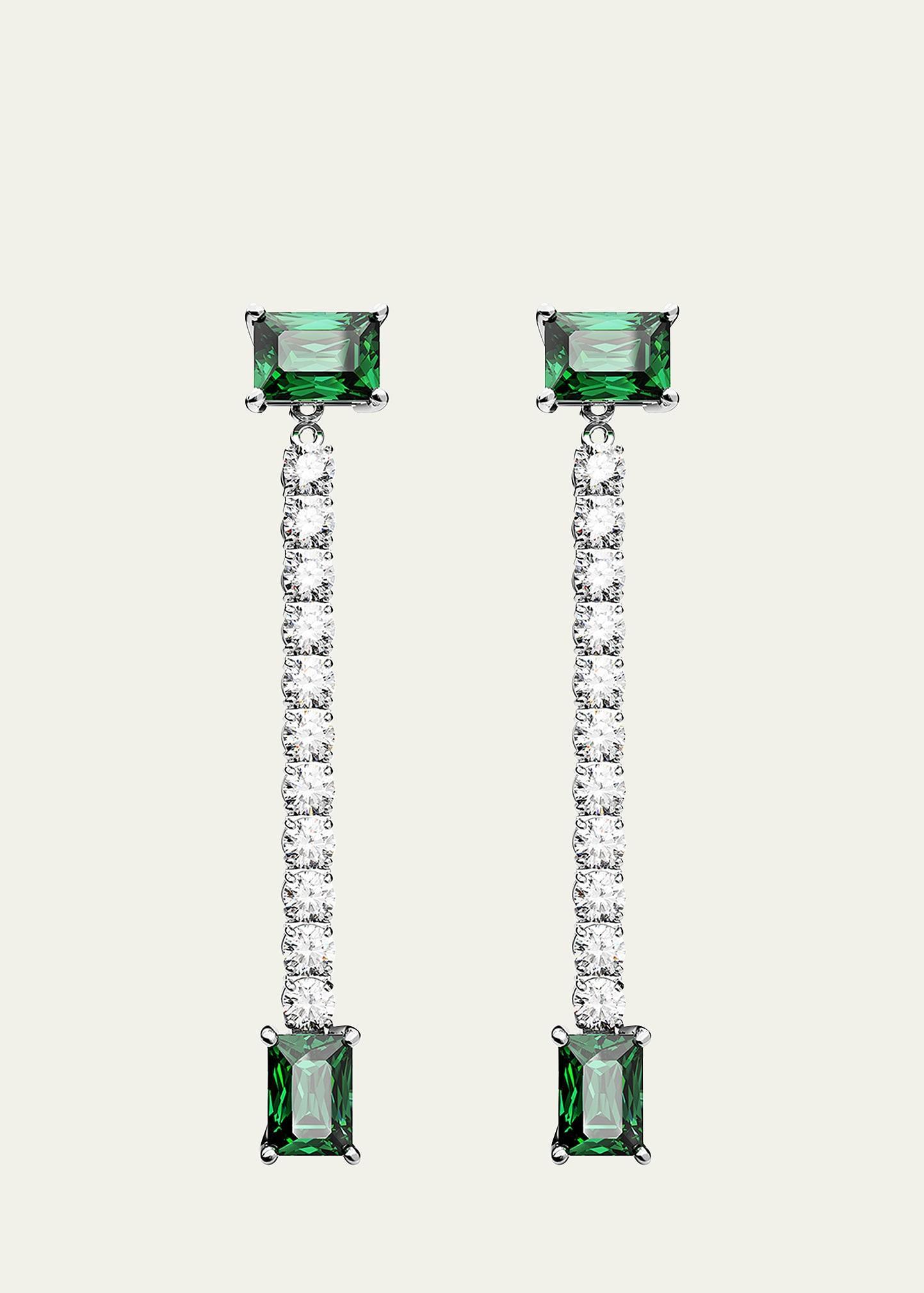Swarovski Matrix Pave & Green Rectangle Crystal Linear Drop Earrings in Rhodium Plated Product Image