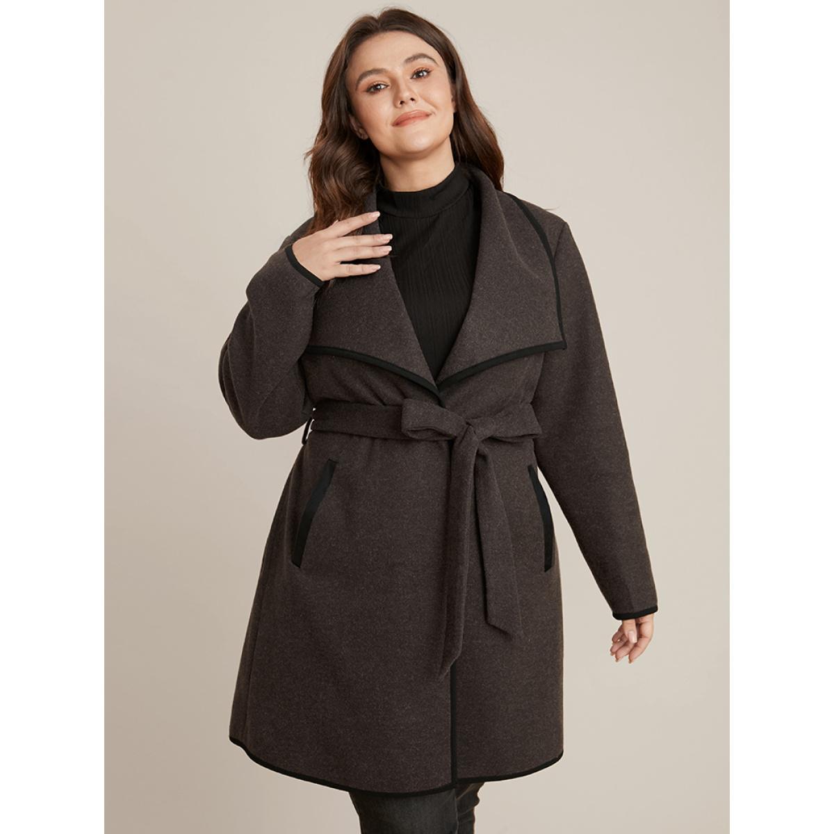 Plus Size Contrast Trim Pocket Belted Lapel Collar Coat Women DarkBrown Office Belted Ladies Work Winter Coats BloomChic 14-16/1X Product Image