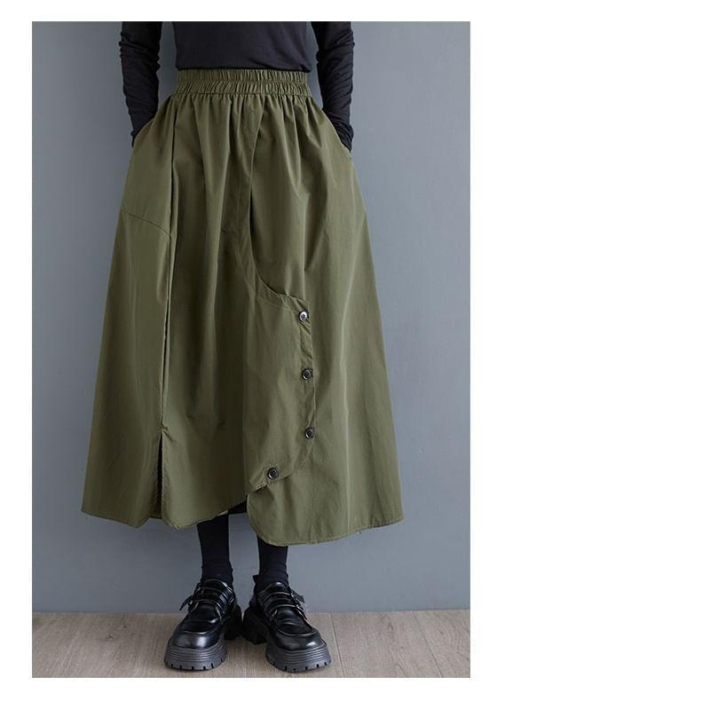 Elastic Waist Plain Asymmetrical Buttoned Slit Midi A-Line Skirt Product Image