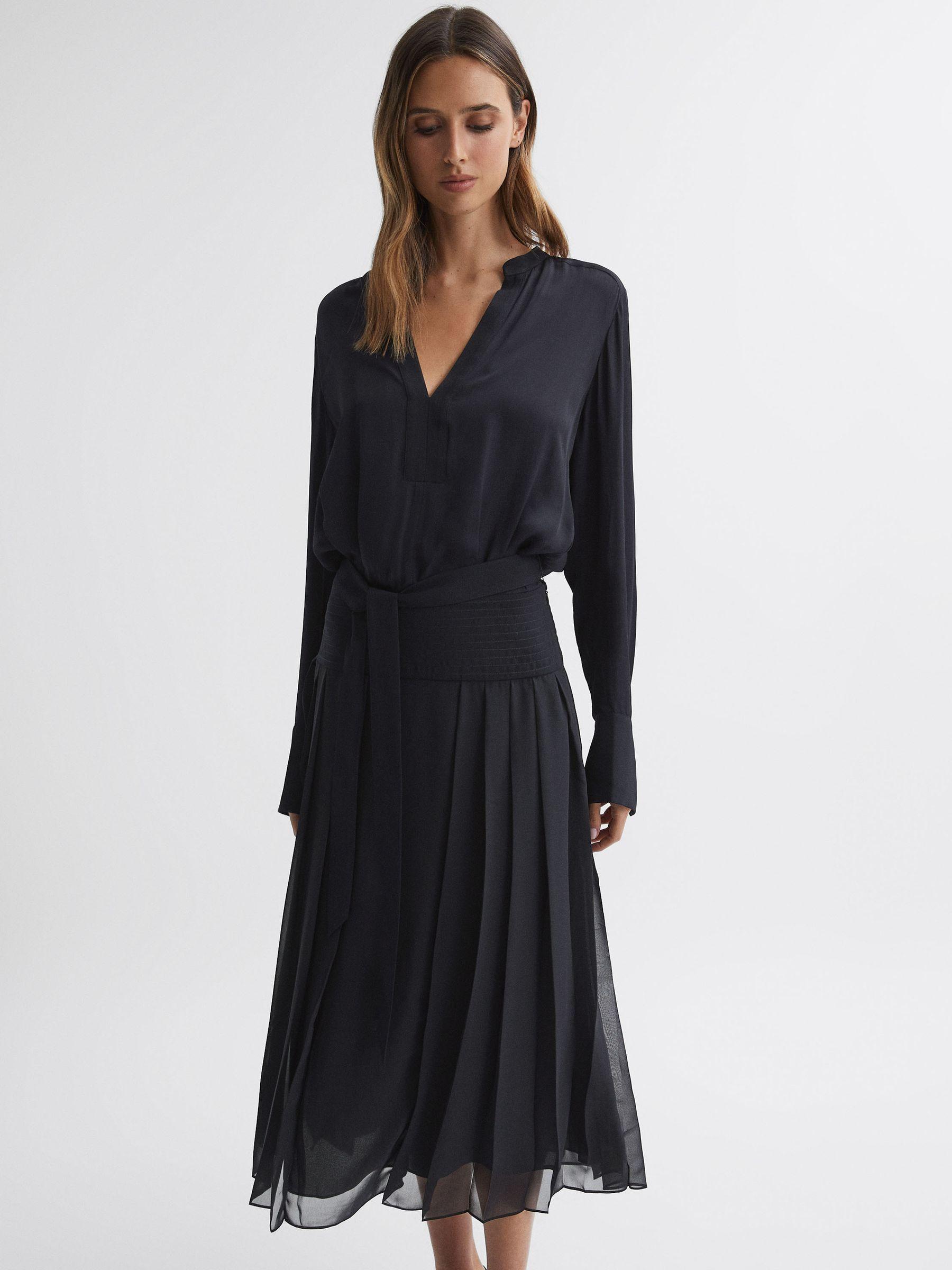Pleated Long Sleeve Midi Dress in Navy Product Image