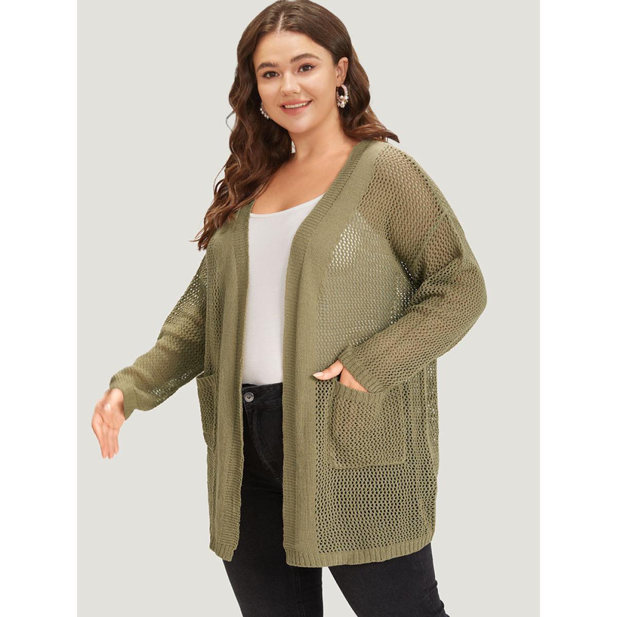Plus Size Solid Patched Pocket Open Front Patchwork Cardigan Olive Women Casual Loose Long Sleeve Everyday Cardigans BloomChic 28/5X Product Image