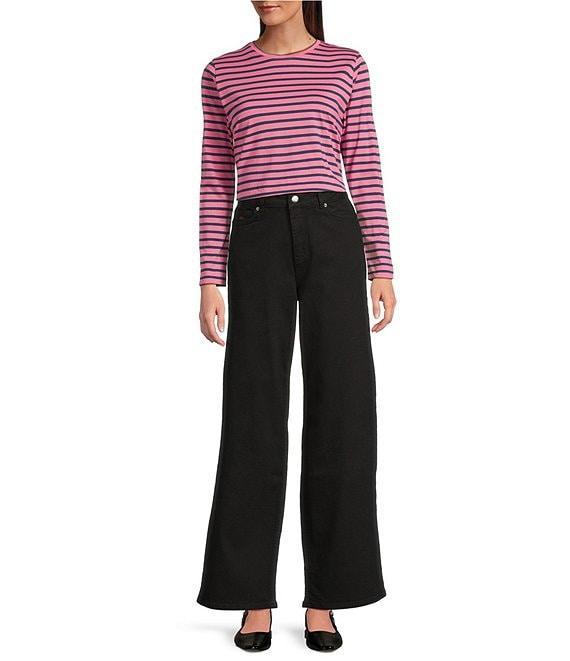 FRANCES VALENTINE Pima Cotton Crew Neck Long Sleeve Stripe Print Tee Shirt Product Image