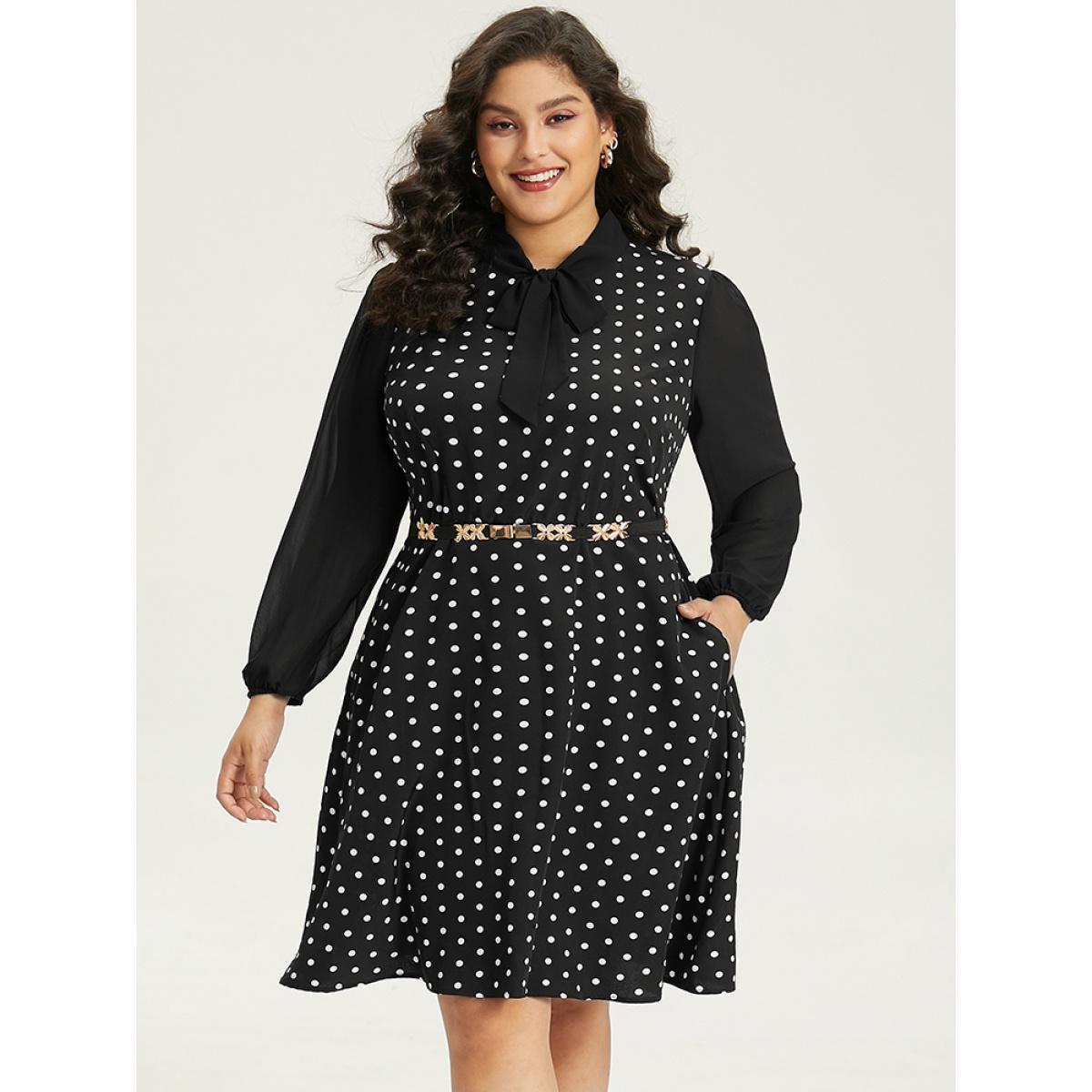 Plus Size Polka Dot Patchwork Knot Lantern Sleeve Dress Black Women Office Elastic cuffs Tie Neck Long Sleeve Curvy Midi Dress BloomChic 28/5X Product Image