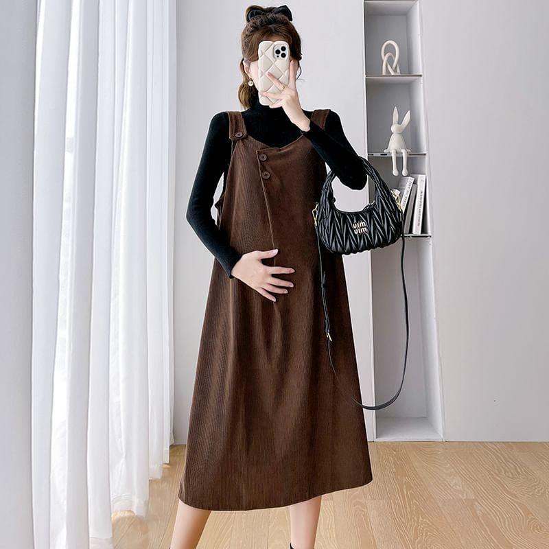 Maternity Mock Neck Plain Ribbed Sweater / Midi Dungaree Dress / Set Product Image