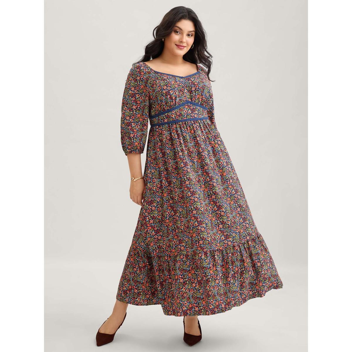 Plus Size Ditsy Floral Woven Ribbon Maxi Dress Navy Women Elegant Woven ribbon&lace trim Heart neckline Elbow-length sleeve Curvy BloomChic 28/5X Product Image