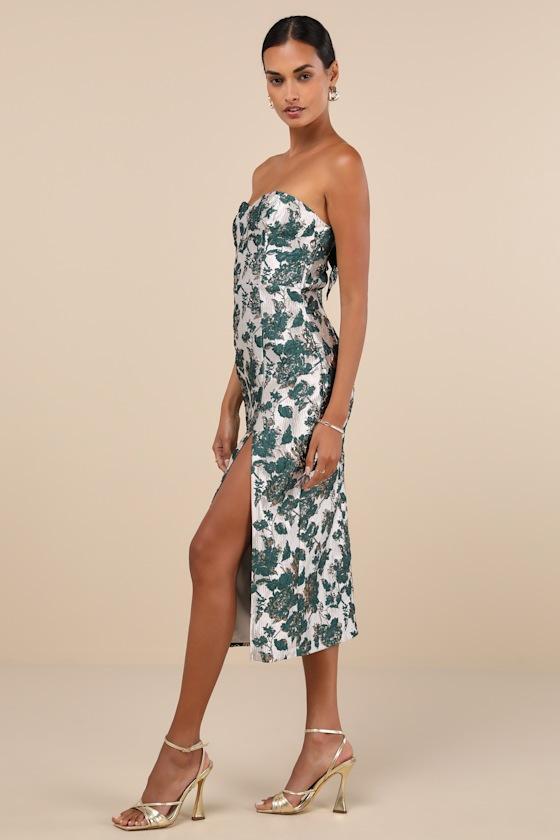 Beloved Belle Silver and Green Jacquard Strapless Bow Midi Dress Product Image