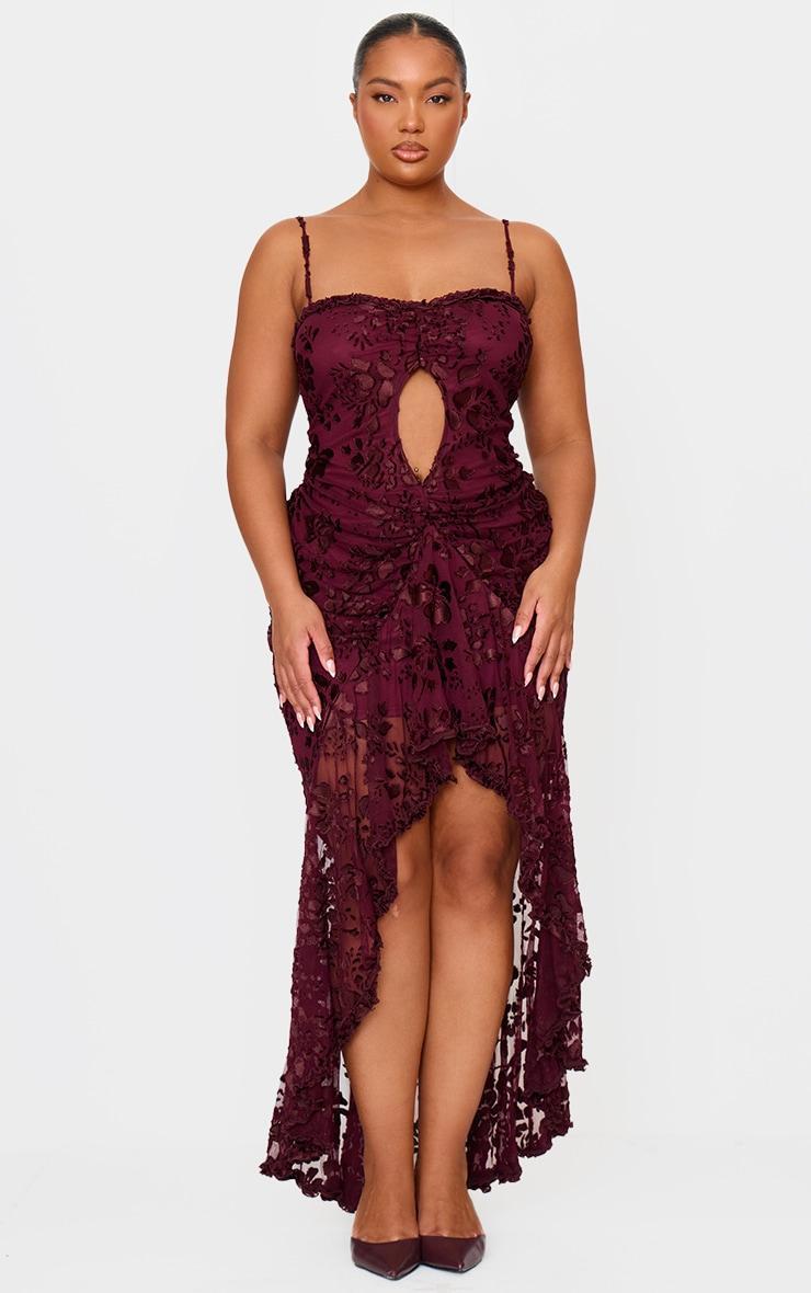 Plus Cherry Red Devore Cut Out Frill Detail Dress Product Image