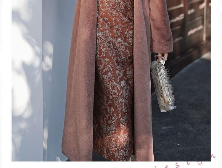 Spaghetti Strap Jacquard Slit Midi Sheath Dress / Plain Cardigan Product Image