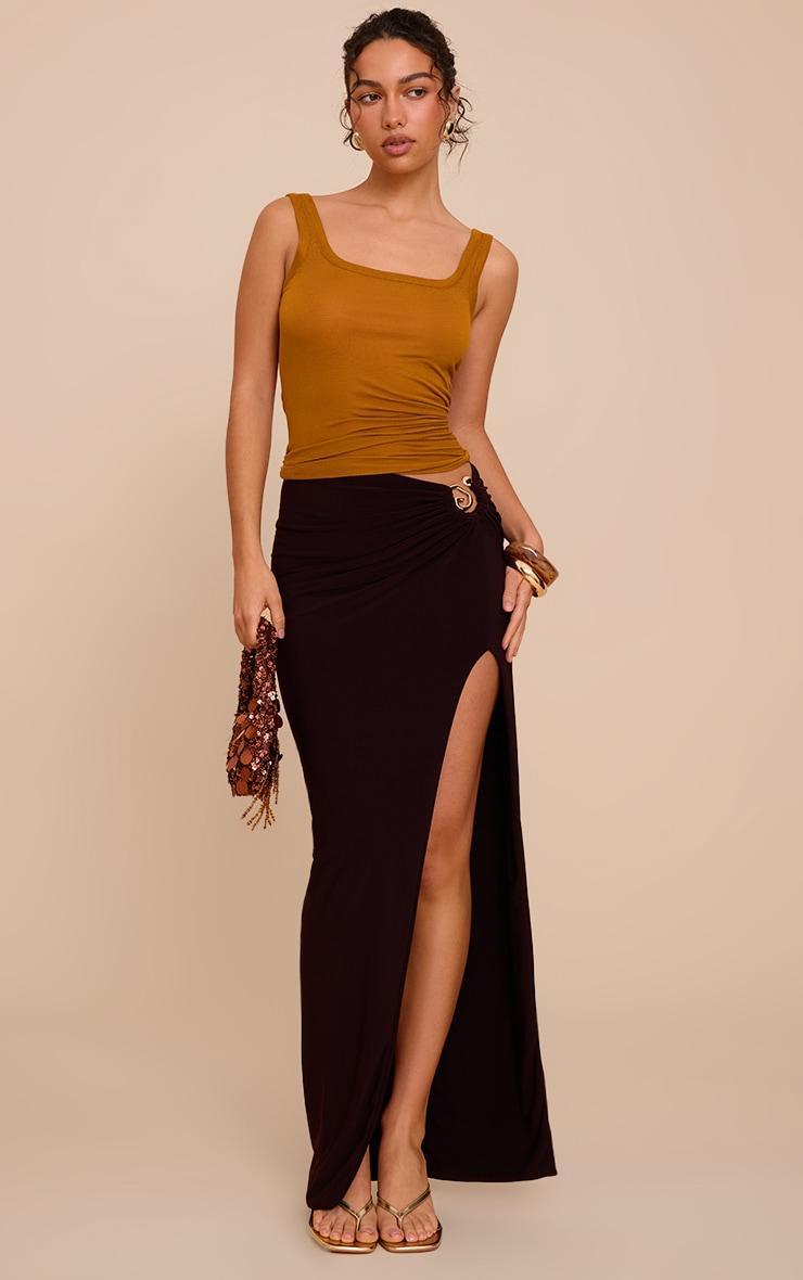 Dark Chocolate Stretch Chiffon Trim Detail Maxi Skirt Product Image