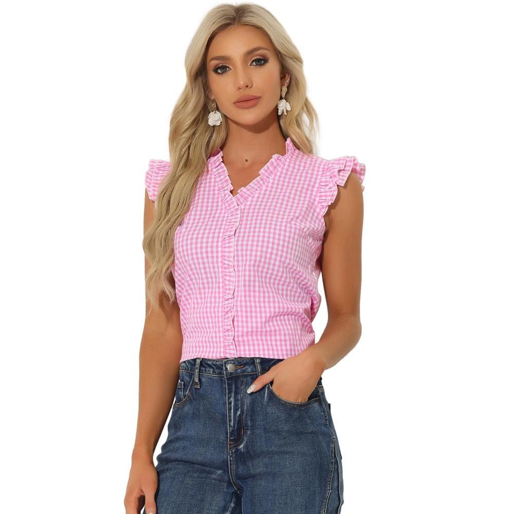 Allegra K Women's Button-Down Cap Sleeve Plaid Gingham Ruffle Shirt Product Image