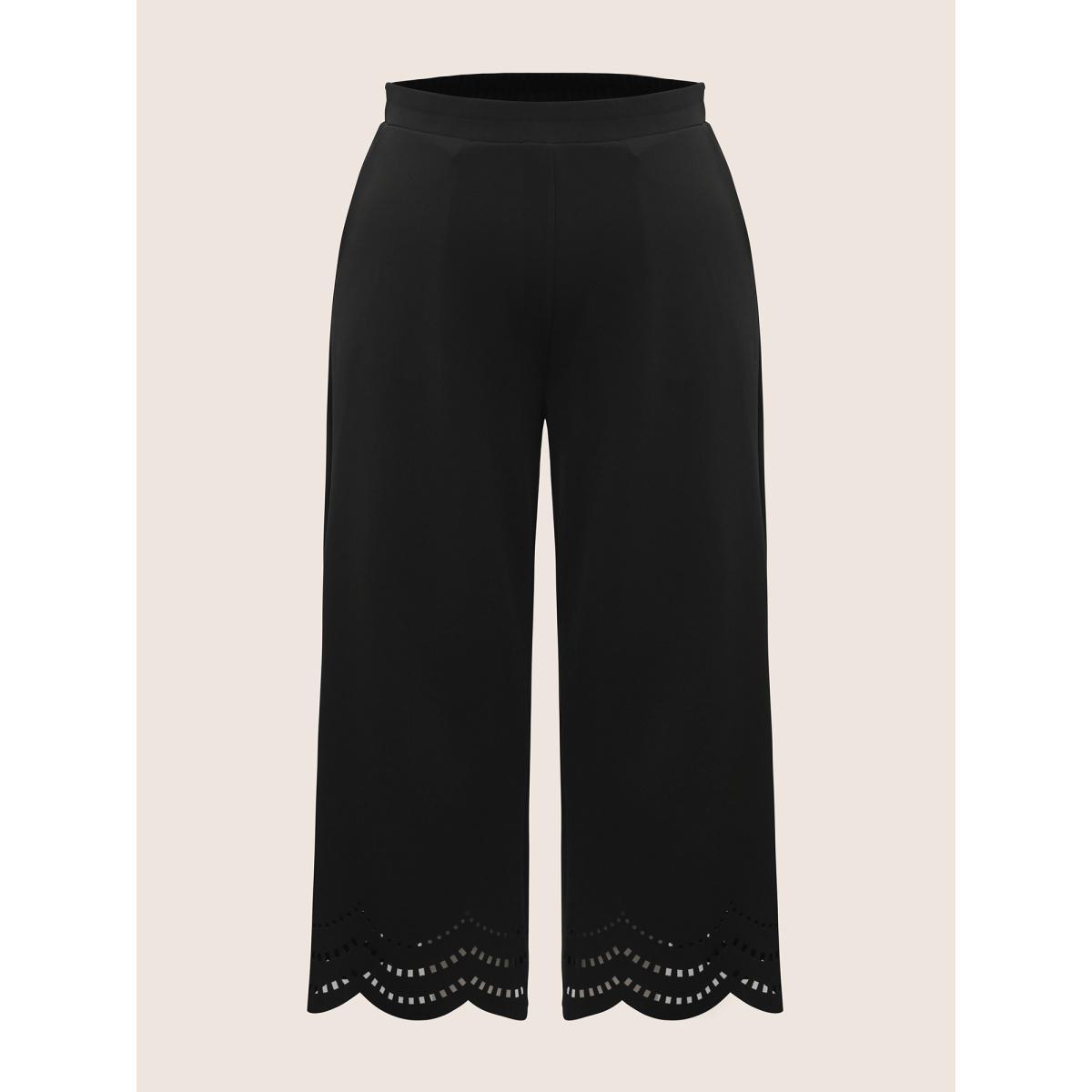 Plus Size Medium stretch Laser Cut Elastic Waist Pants Women Black Elegant Wide Leg Mid Rise Everyday Pants BloomChic 12/L Product Image