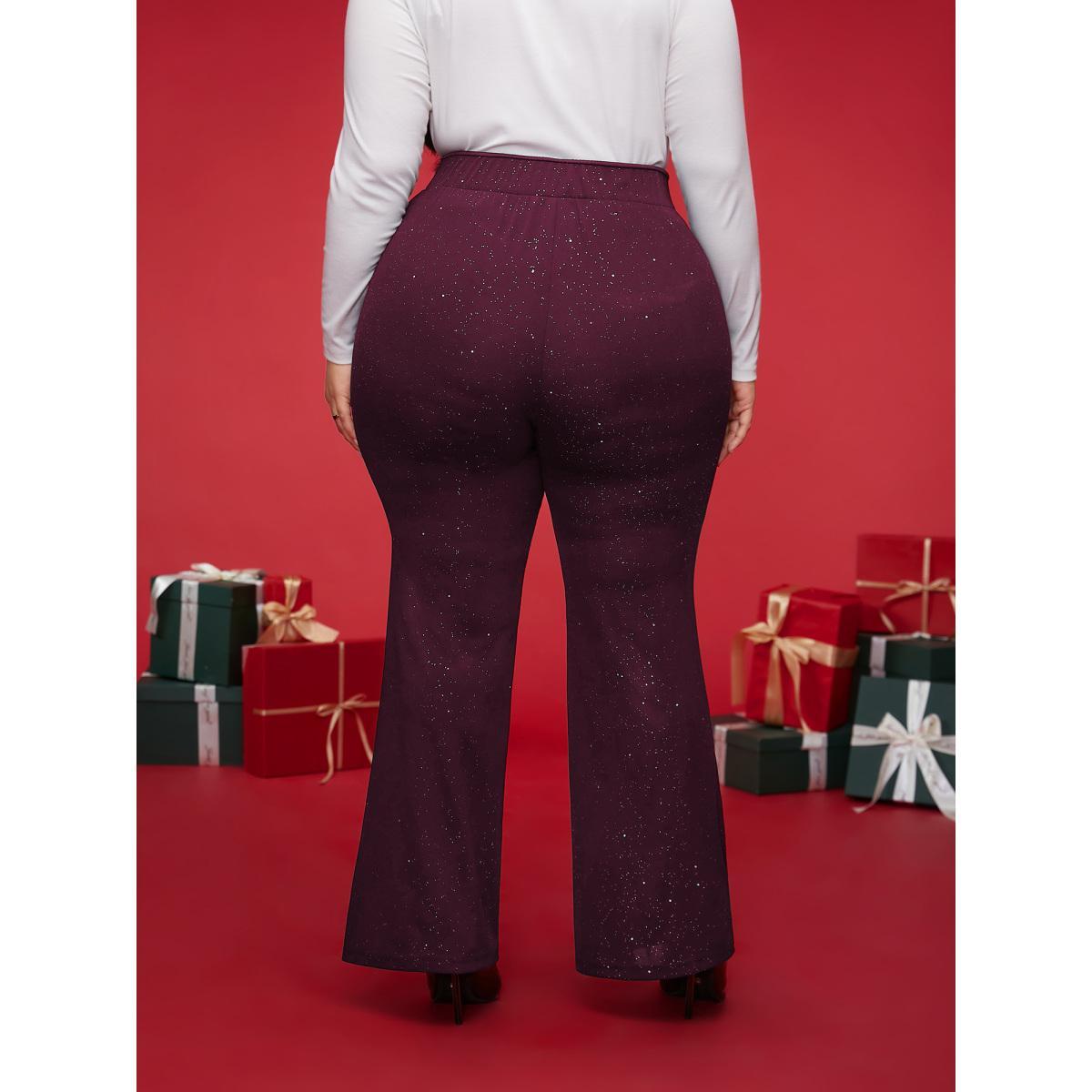 Plus Size Sparkle Details Mid Rise Flared Pants Women Burgundy Formal Bootcut Mid Rise Party Pants BloomChic 12/L Product Image