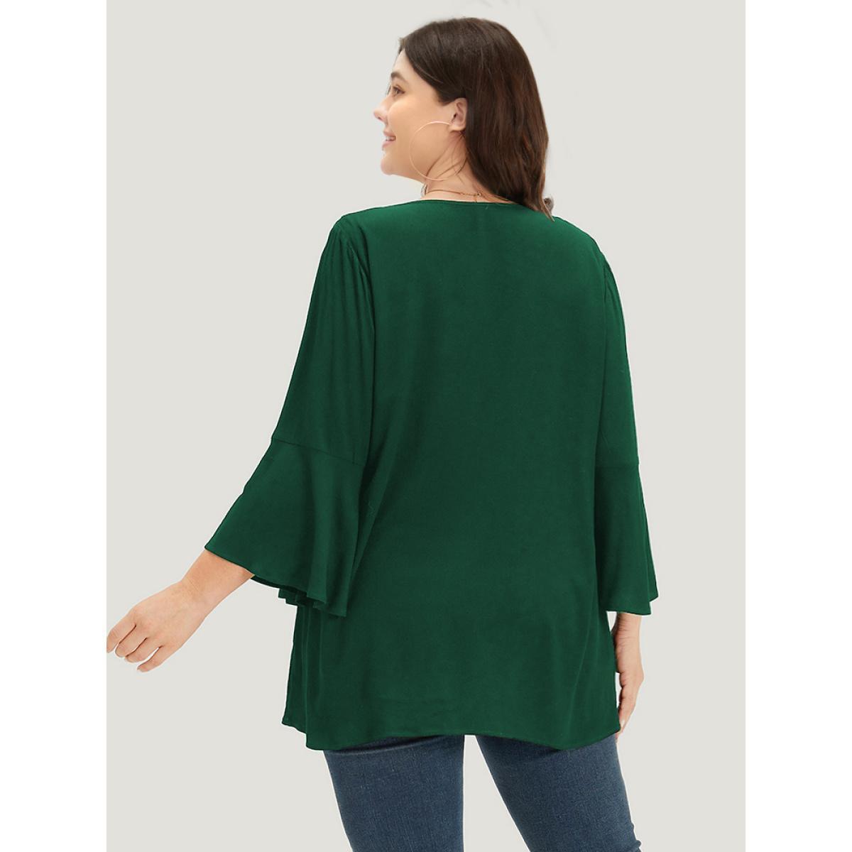 Plus Size Indigo Plain Crochet Lace Button Detail Bell Sleeve Blouse Women Elegant Elbow-length sleeve V-neck Dailywear Blouses BloomChic 10/M Product Image