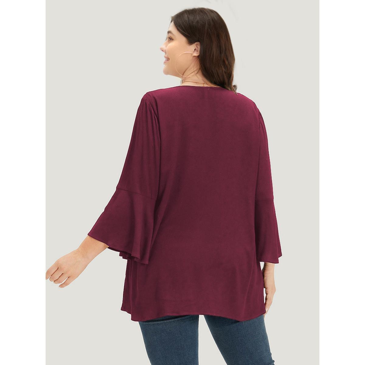 Plus Size Emerald Plain Crochet Lace Button Detail Bell Sleeve Blouse Women Elegant Elbow-length sleeve V-neck Dailywear Blouses BloomChic 26/4X Product Image