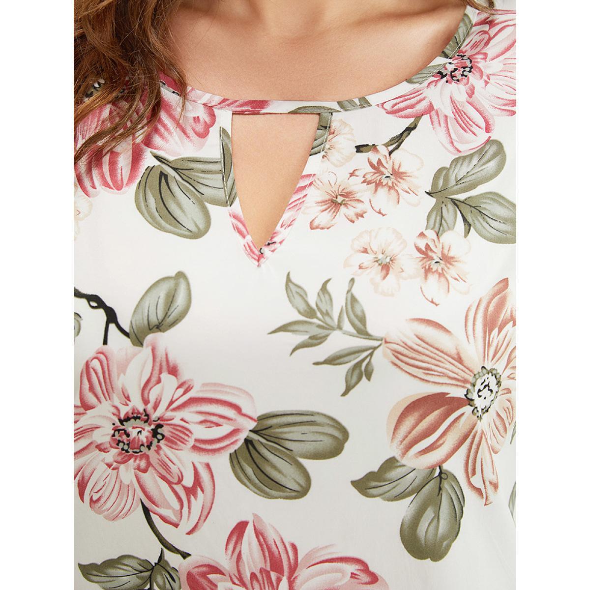 Plus Size Floral Pocket Keyhole Lace Cap Sleeve Flutter Dress Multicolor Women Elegant Printed Keyhole Cut-Out Cap Sleeve Curvy Knee Dress BloomChic 14-16/1X Product Image