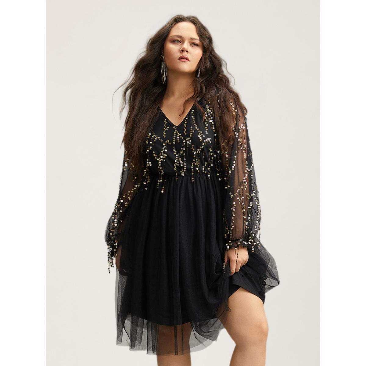 Plus Size Sequin Mesh Patchwork Tassel Dress Black Women Cocktail Gathered Overlap Collar Long Sleeve Curvy Knee Dress BloomChic 14-16/1X Product Image