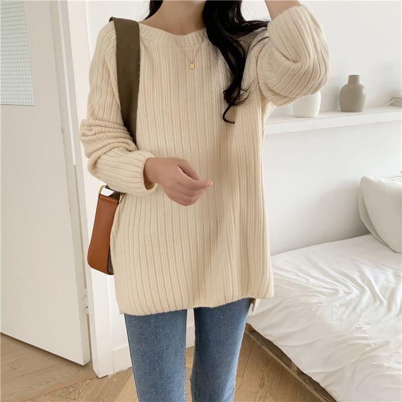 Crew Neck Plain Slit Sweater Product Image