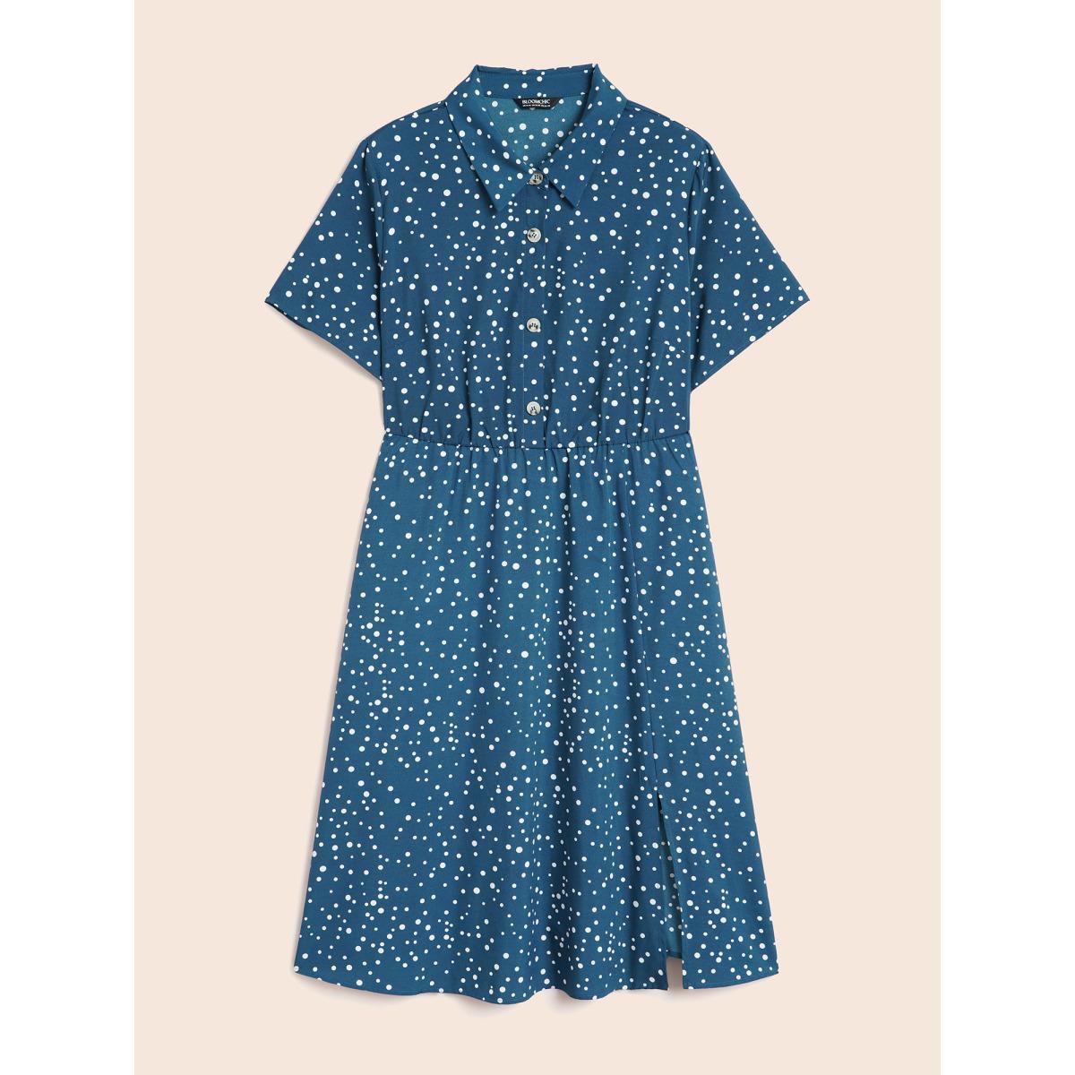 Plus Size Polka Dot Button Detail Split Hem Midi Dress Aegean Women Elegant Button Shirt collar Short sleeve Curvy BloomChic 10/M Product Image