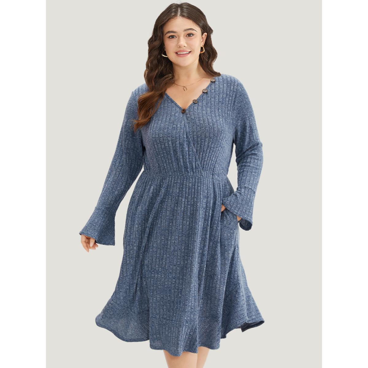 Plus Size Rib Knit Button Detail Pocket Bell Sleeve Dress Indigo Women Casual Texture V-neck Long Sleeve Curvy Midi Dress BloomChic 26/4X Product Image