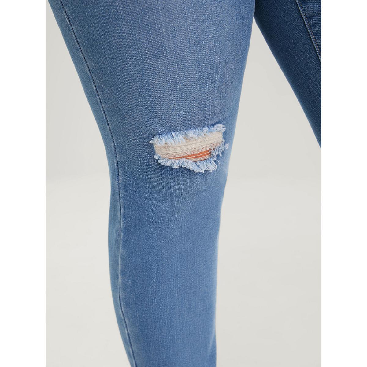 Plus Size Skinny Very Stretchy High Rise Medium Wash Distressed Ankle Jeans Women Blue Casual Plain Plain High stretch Pocket Jeans BloomChic 22/3X Product Image