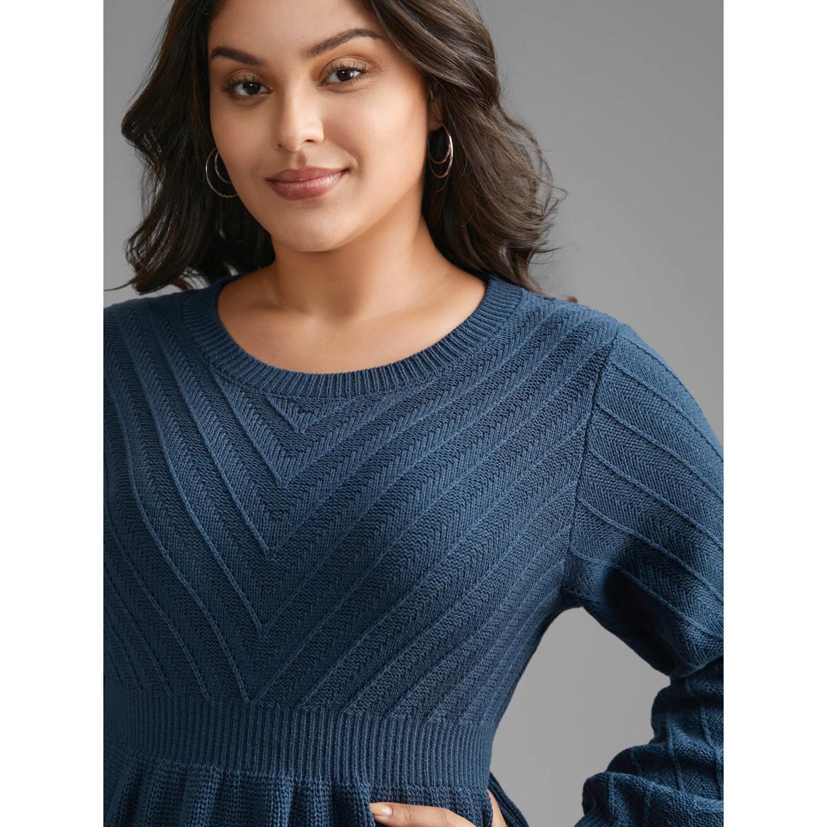 Plus Size Crew Neck Plain Textured Lantern Sleeve Pullover Indigo Women Casual Bodycon Long Sleeve Round Neck Everyday Pullovers BloomChic 12/L Product Image