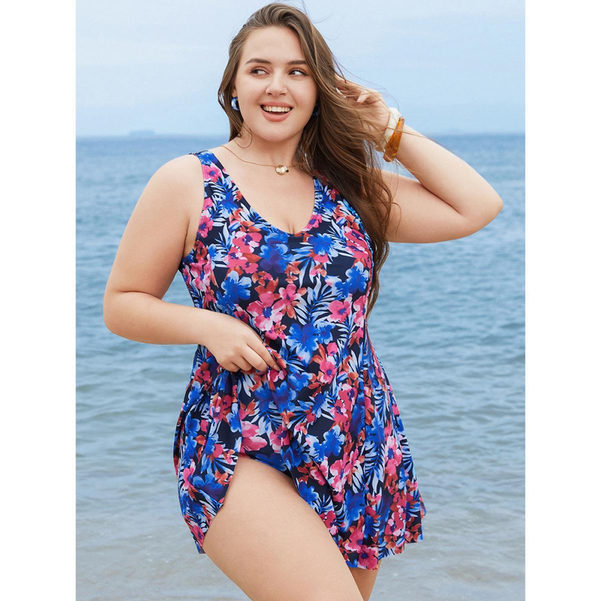 Plus Size Floral Print Ruffles Sculpt Waist A Line Swim Dress Women's Swimwear BlackFlower Vacation Bodycon V-neck High stretch Curve Swim Dresses BloomChic 28/5X Product Image