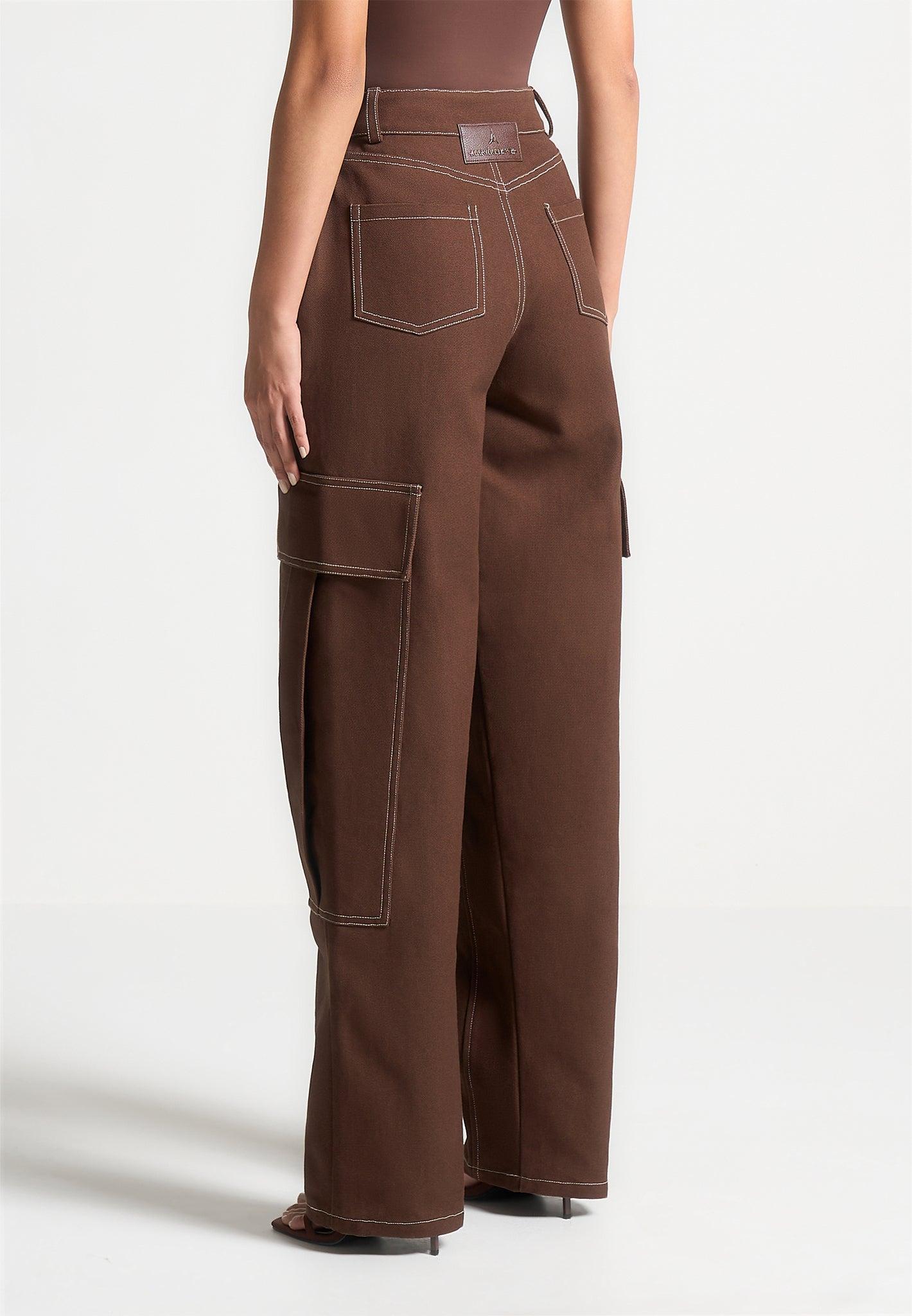 High Rise Drill Cargo Pants - Brown Female Product Image