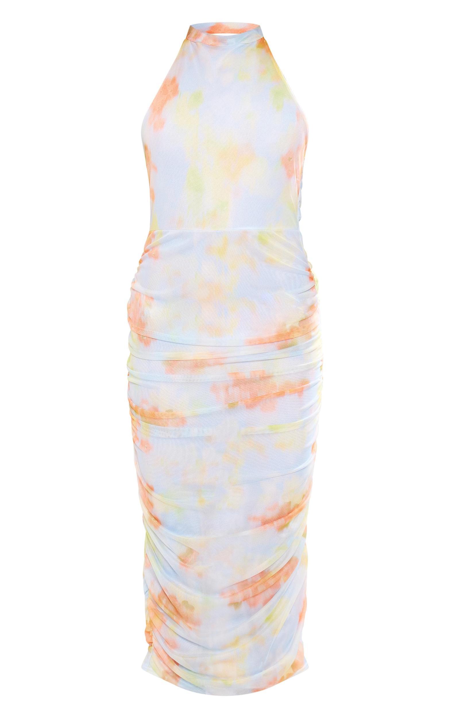 Light Blue Abstract Mesh Halterneck Ruched Maxi Dress Product Image