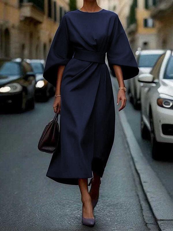 Loose Puff Sleeves Pleated Solid Color Split-Joint Round-Neck Midi Dresses Product Image