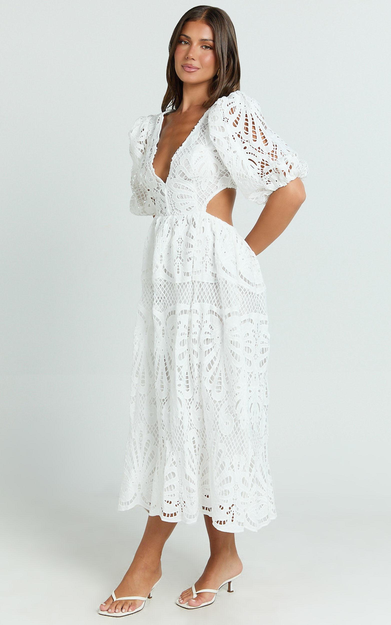 Anieshaya Midi Dress - V Neck Cut Out Lace Dress in White Product Image