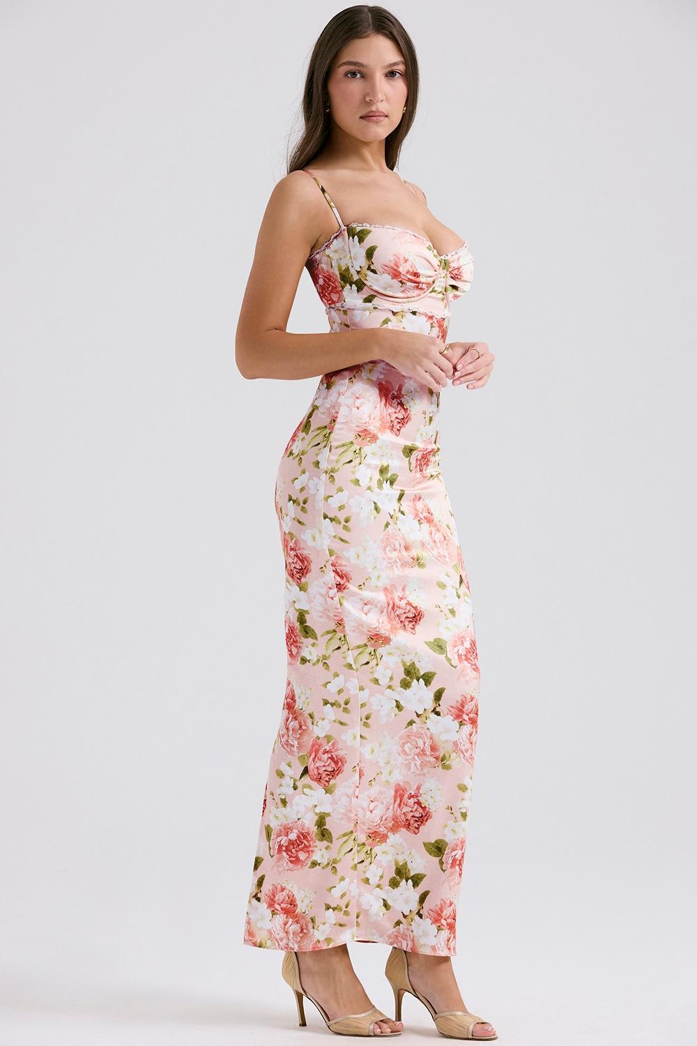Josefina Pink Peony Print Satin Maxi Dress Product Image
