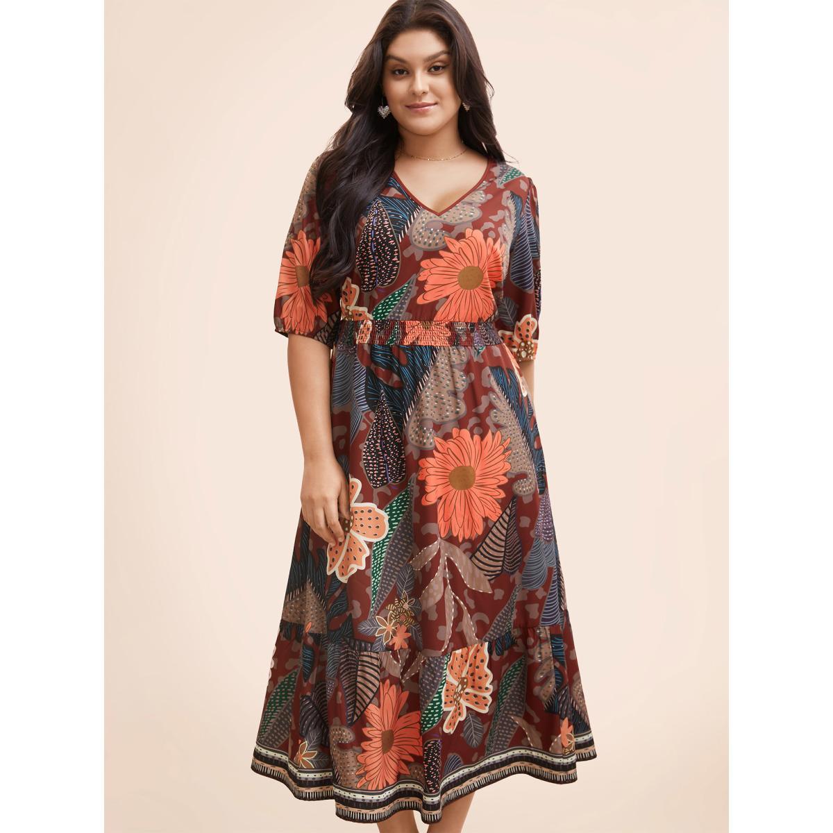 Plus Size Floral Shirred Lantern Sleeve Midi Dress Burgundy Women Resort Gathered V-neck Half Sleeve Curvy BloomChic 22-24/3X Product Image