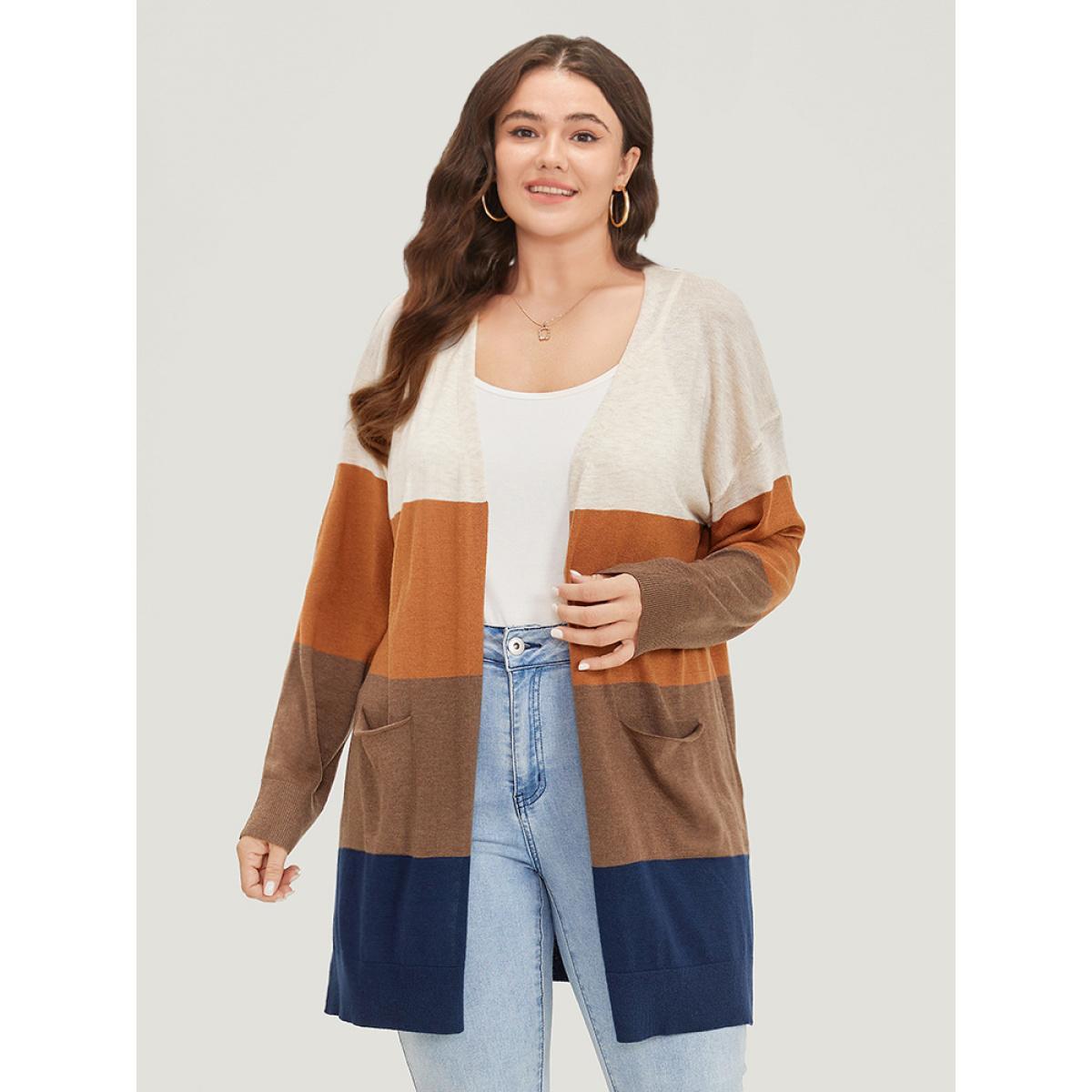 Plus Size Supersoft Essentials Colorblock Contrast Pocket Split Side Cardigan Bronze Women Casual Loose Long Sleeve Everyday Cardigans BloomChic 30/6X Product Image