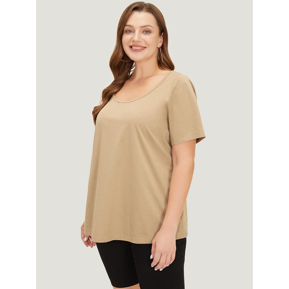 Plus Size UltraCool Solid Scoop Neck Slightly Stretchy T-shirt Tan Women Basics Plain Scoop Neck Dailywear T-shirts BloomChic 30/6X Product Image
