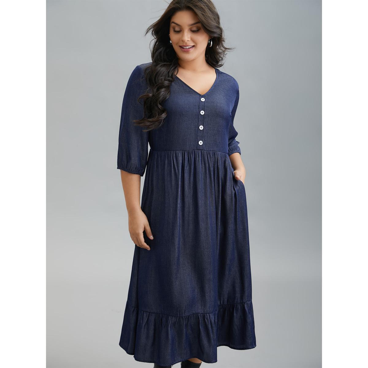 Plus Size V-Neck Button Tiered Maxi Dress Mediumblue Women Casual Button V-neck Elbow-length sleeve Curvy BloomChic 22-24/3X Product Image