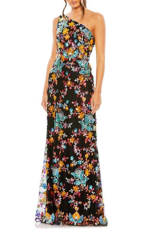 Womens Floral Sequined One-Shoulder Lace-Up Gown Product Image