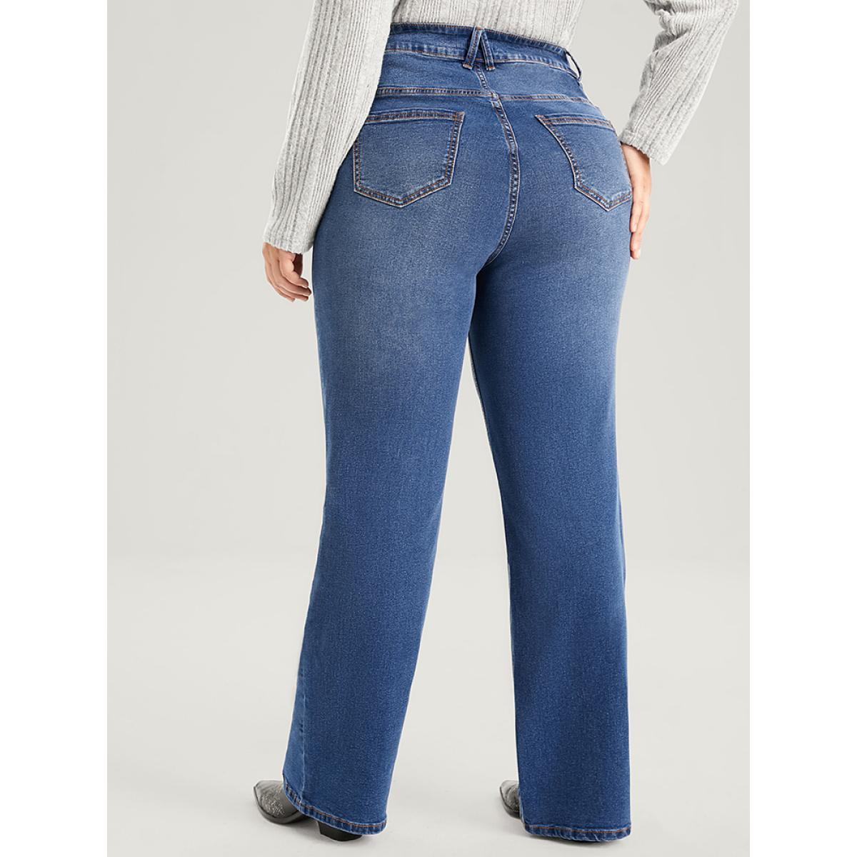 Plus Size Straight Moderately Stretchy High Rise Dark Wash Sculpt Waist Jeans Women DarkBlue Casual Plain Medium stretch Pocket Jeans BloomChic 16/1X Product Image