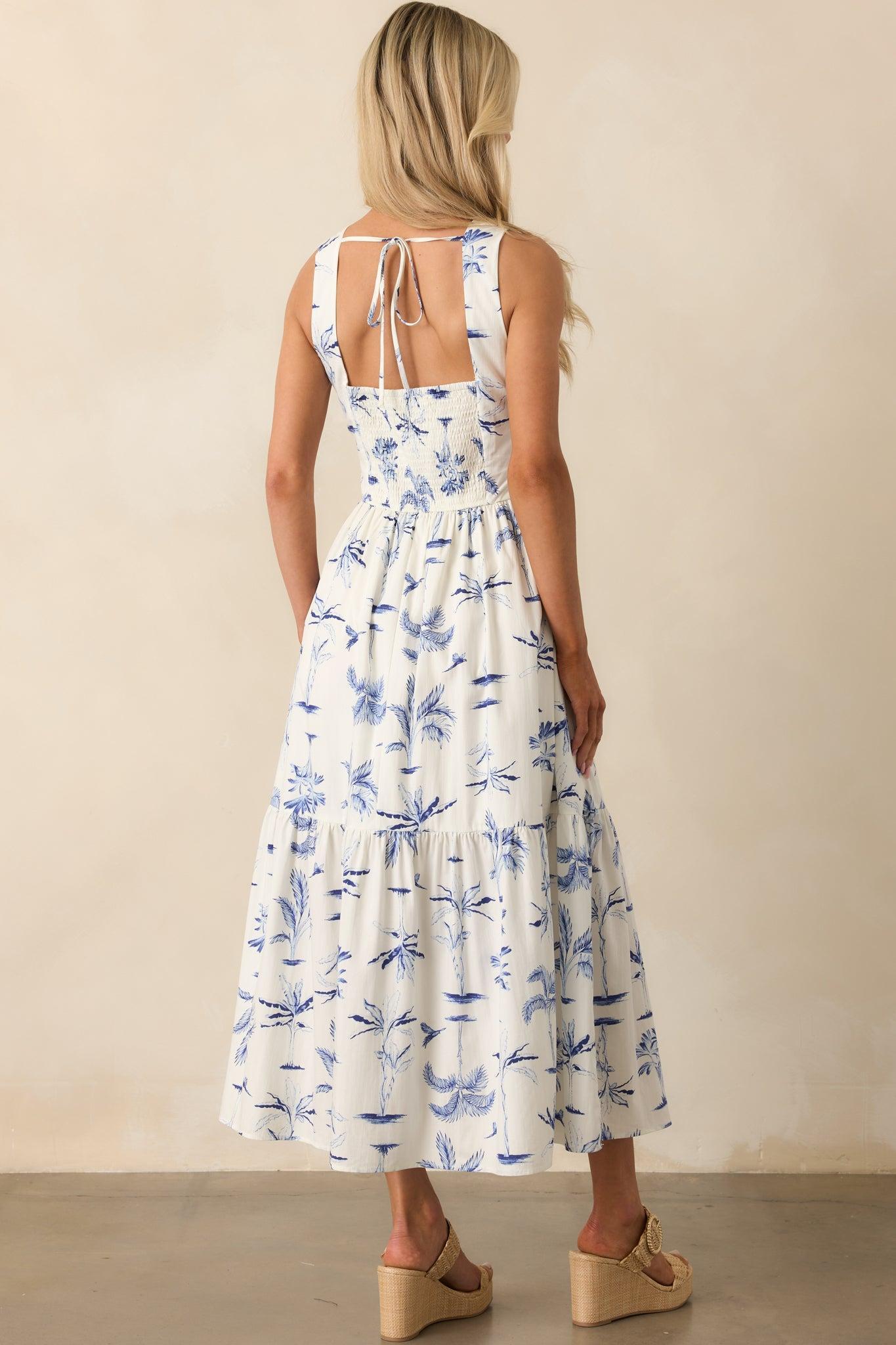 Callie Blue Palm Tree Print Cotton Cut-Out Maxi Dress Product Image