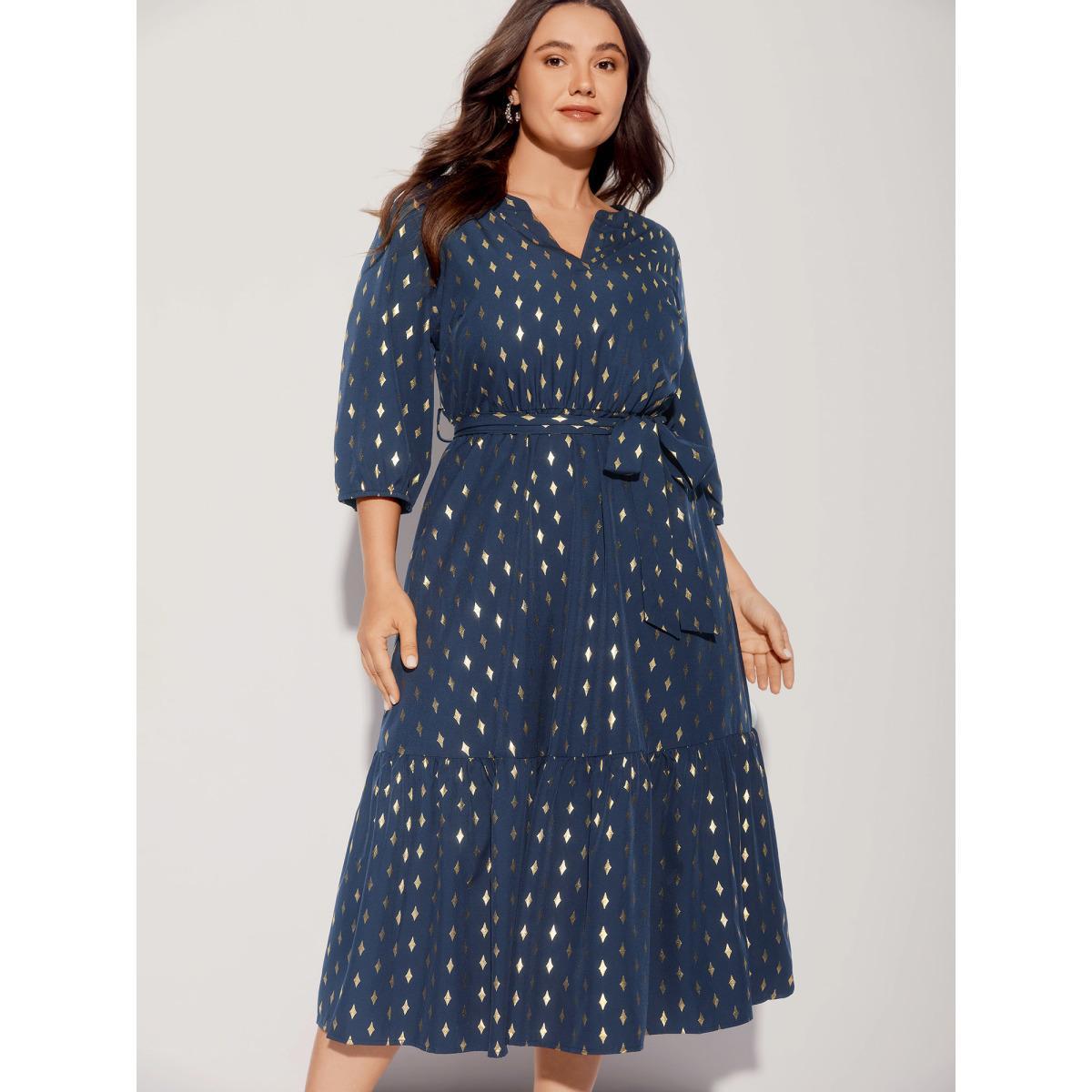 Plus Size Glitter Notched Lantern Sleeve Midi Dress Indigo Women Formal Gathered Notched collar Elbow-length sleeve Curvy BloomChic 26/4X Product Image