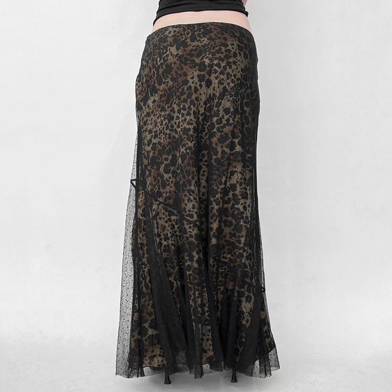 Low Rise Leopard Print Mesh Panel Maxi A-Line Skirt Product Image