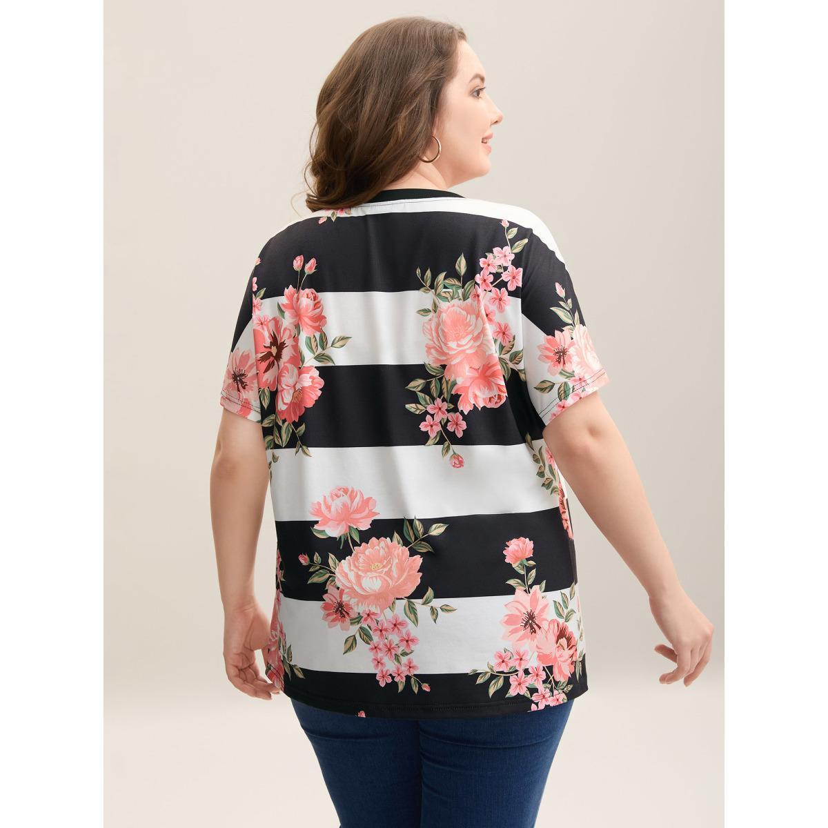 Plus Size Floral Stripes Print Stretchy T-Shirt Multicolor Women Casual Contrast Natural Flowers Round Neck Everyday T-shirts BloomChic 10/M Product Image