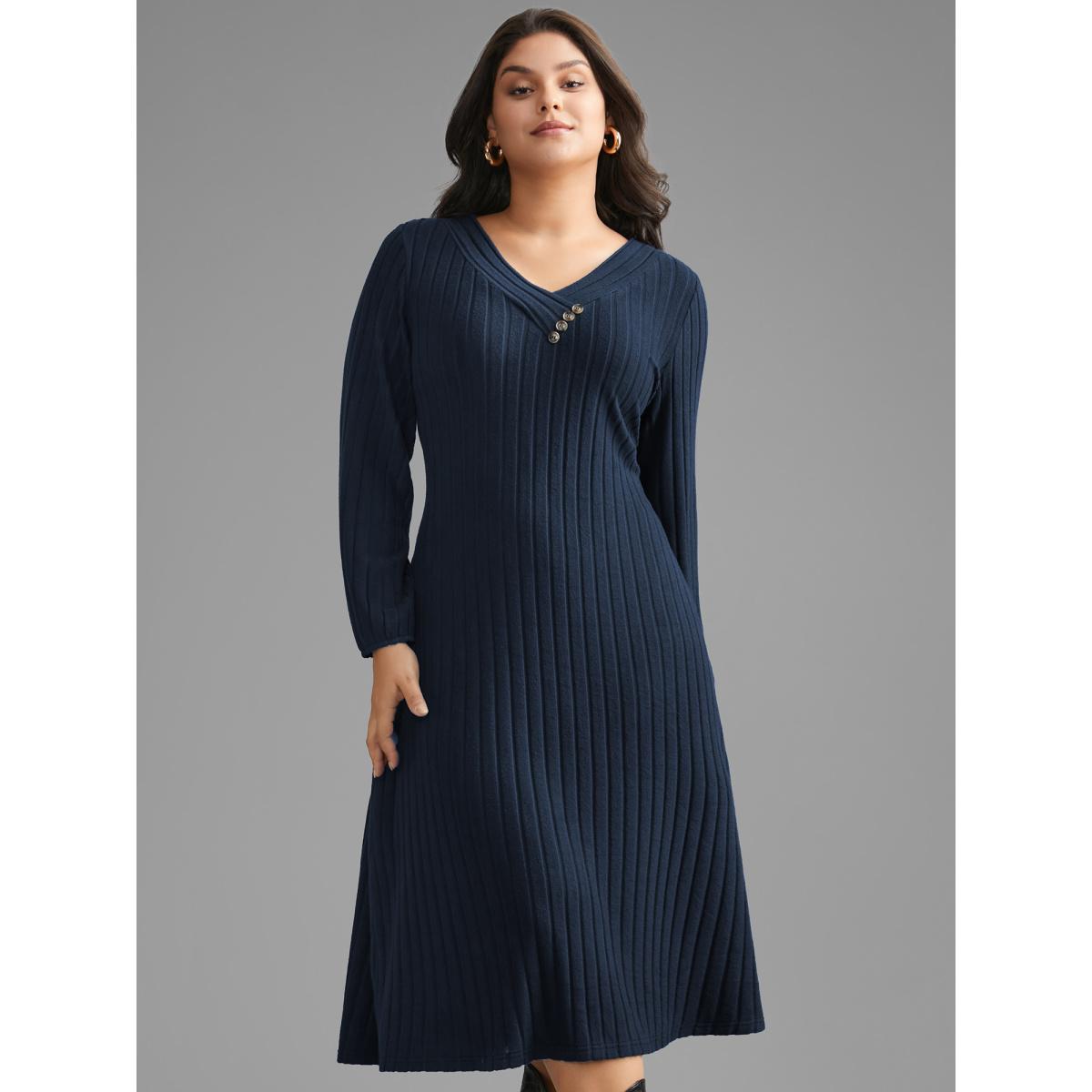 Plus Size Plain Rib Knit Button Detail Dress Burgundy Women Casual Texture Knit Dresses Bloomchic 10/M Product Image