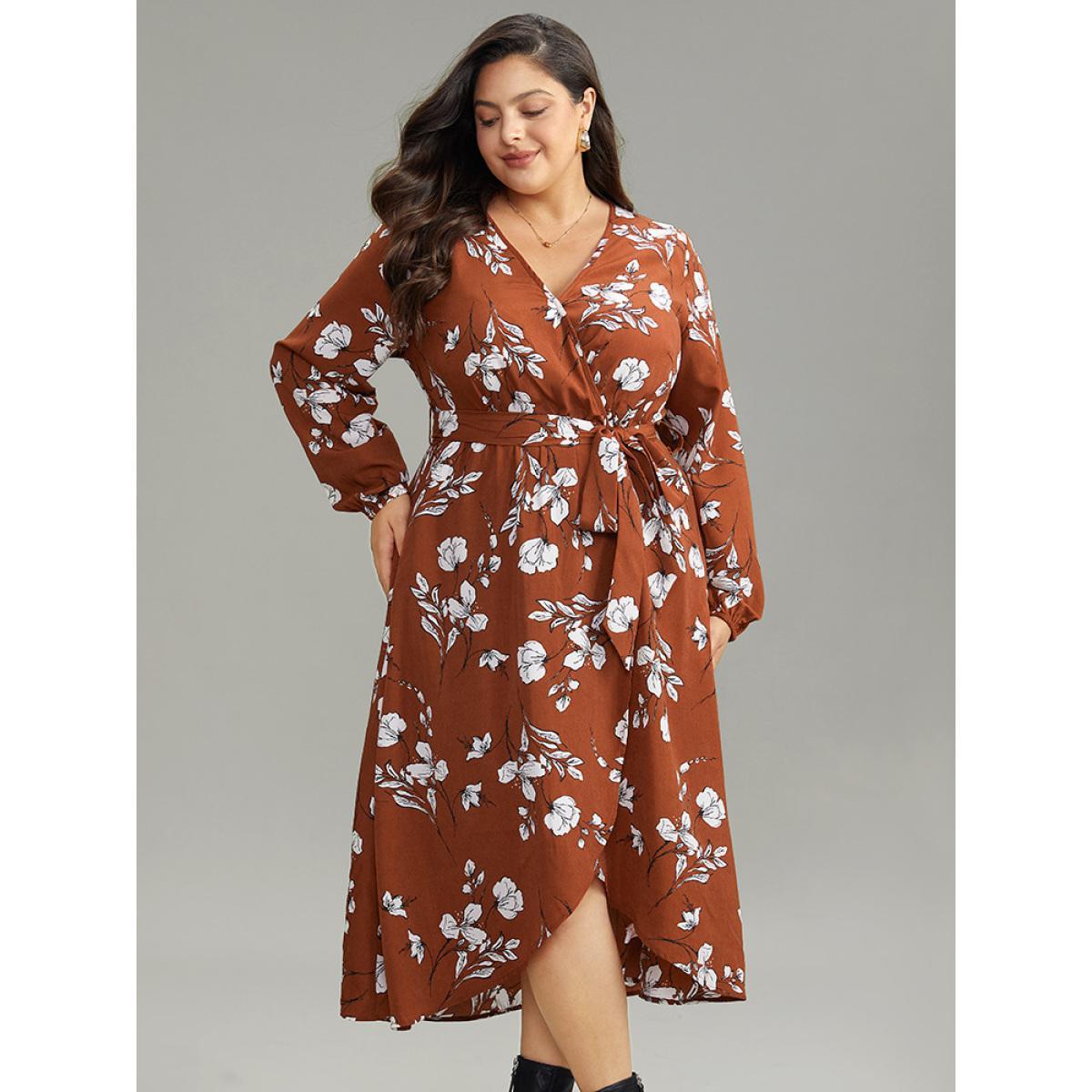 Plus Size Floral Print Wrap Hem Ties Dress Rust Women Elegant Elastic cuffs Overlap Collar Long Sleeve Curvy Midi Dress BloomChic 30/6X Product Image